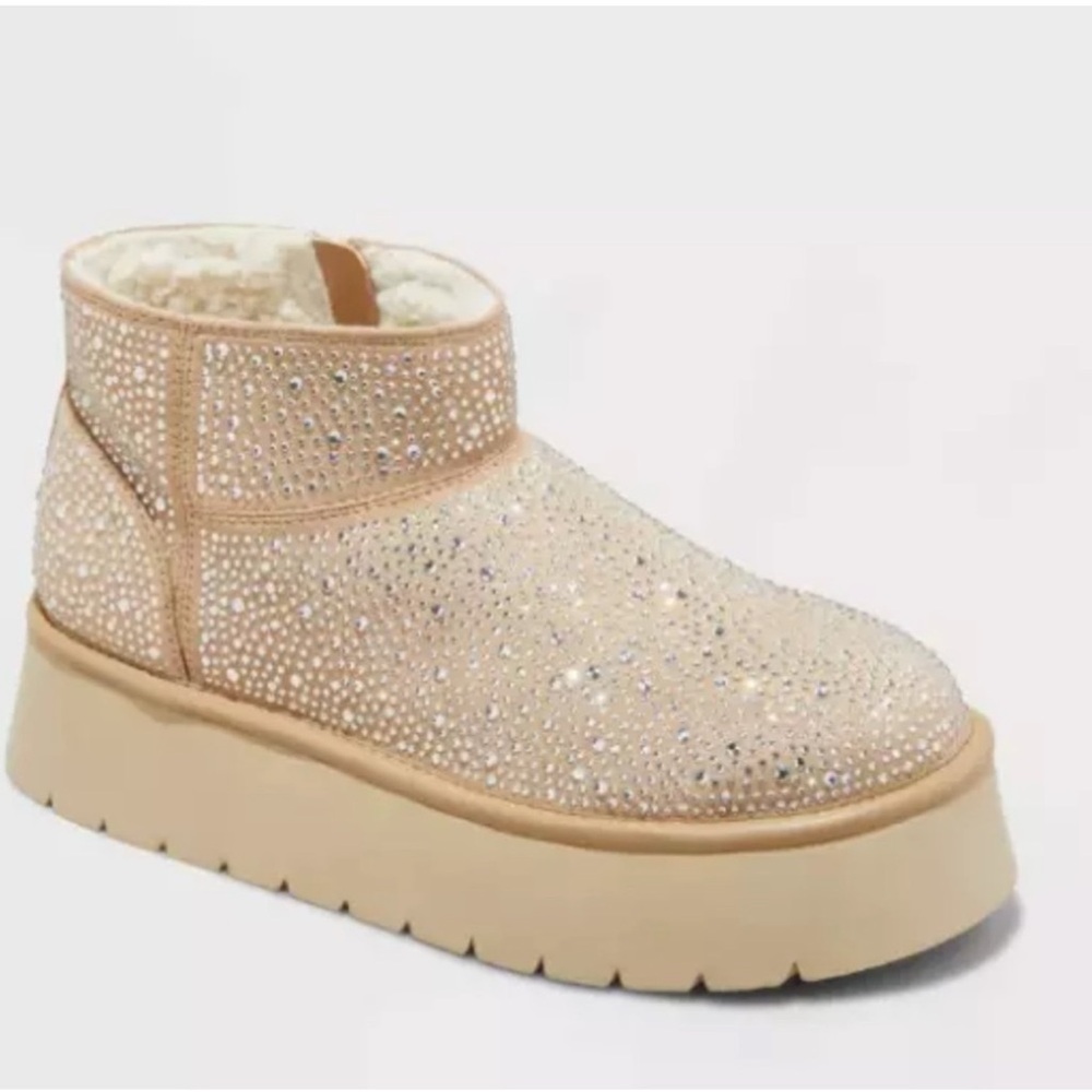 Platform Ankle Boots Rhinestone Embellished‎ Side Zip Up Beige 8